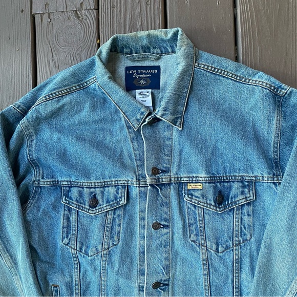 Levi Strauss Signature Mens XL Denim Trucker Jacket Blue Jean Biker Workwear - Picture 13 of 14